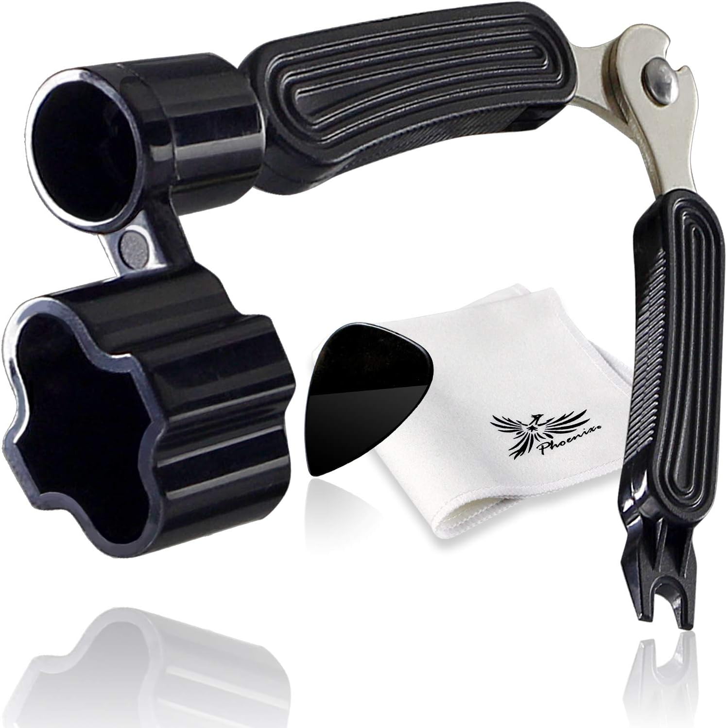 Phoenix ストリングワインダー アコースティックギター 弦 メンテナンス ( ペグ回し ブリッジピン抜き ニッパー ) ファイバークロス/ピック/メーカー長期保証書<4点セット>Black(ブラック)